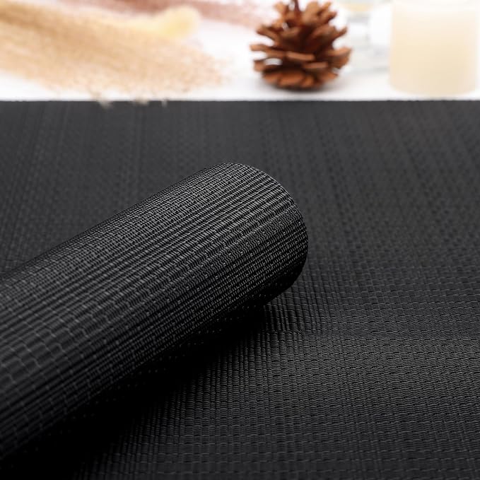 Myir JUN Placemats Set of 6 Kitchen and Dining Table Placemats | Vinyl Placemats Place Mats Indoor/Outdoor Set of 6 Washable Table Mats Non-Slip Place mats for Dining Table, Black