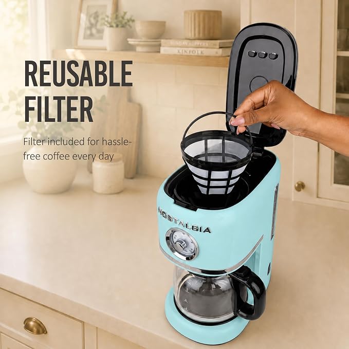 Nostalgia Classic Retro 10 Cup Coffee Maker - One-Touch Drip Brew, Reusable Filter - Anti-Drip, Auto Shutoff, & Time Display - Dishwasher Safe 50 oz Carafe - Aqua