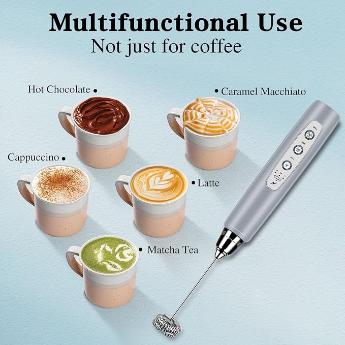 Milk Frother Wand Rechargeable Handheld Whisk Coffee 3 Speed Adjustable | Electric Whisk Drink Mixer with Stainless 3 Whisks Hand Frother , Foam Maker for Latte Cappuccino Matcha Egg Silver