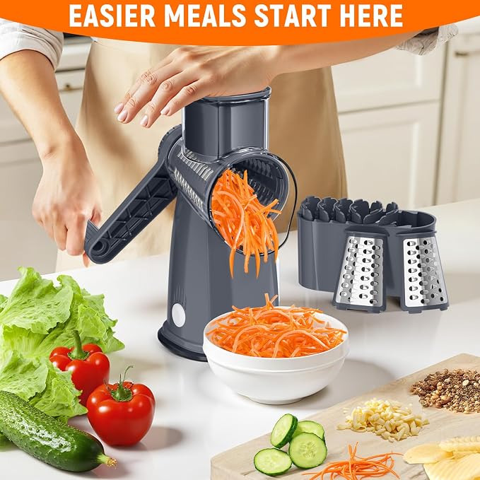 Rotary Cheese Grater Hand Crank, 5-in-1 Vegetable Chopper Spiralizer Slicer | Shredder with 5 Interchangeable Blades for Vegetable, Cheese, Fruit, with Blades Storage Box & Stable Suction Base (Grey)