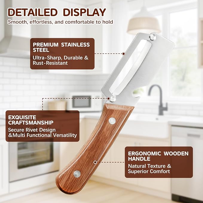 Left & Right Hand Vegetable Peeler Set with Bottle Opener, Thickened Stainless Steel Wide Blade for Smooth Peeling, Wooden Handle Kitchen Peeler for Fruits & Vegetables