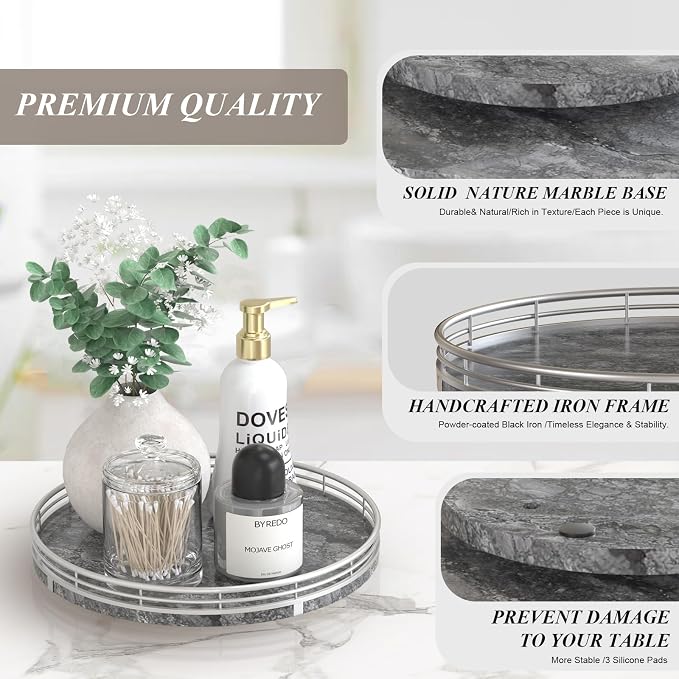 AHM10-Inch Gray Marble Lazy Susan with Silver Iron Frame | Smooth rotating oak tray with walnut finish for dining tables, kitchen counters, pantries and cabinet storage.