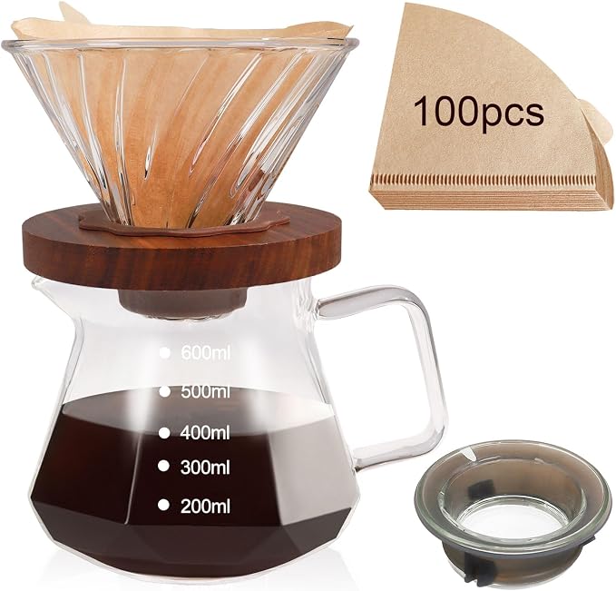 Pour Over Coffee Maker 20.3oz Portable Glass Coffee Maker High Borosilicate Glass Eagle Beak Spout Design with 100 Pcs Filter Paper Walnut Wood Base for Pour Over for Daily Brewing 600ml