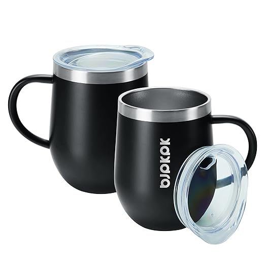 BJPKPK 2PCS Insulated Coffee Mug with Lid, 12oz Stainless Steel Tumbler | Travel Coffee Mug with Handle, Vacuum Insulated Tumbler Cup for Camping, Office, Home, BPA Free Lid, Hot & Cold
