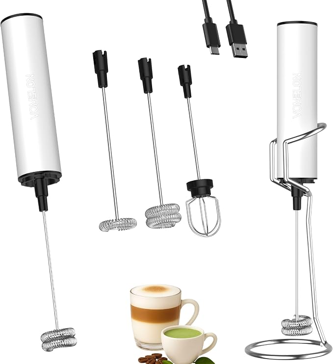 Rechargeable Milk Frother with Stand, Electric Whisks Foam Maker, POWERFUL USB C 2 Speed Handheld Drink Mixer for Coffee, Latte, Cappuccino, Matcha Drinks,White