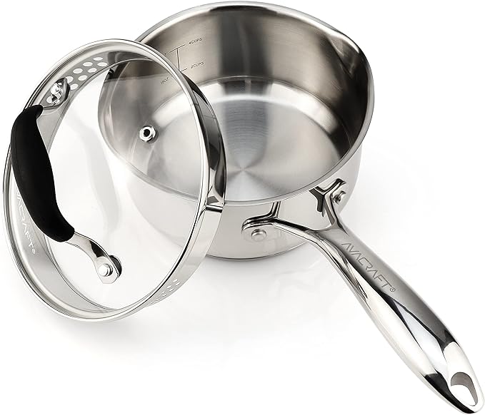 AVACRAFT 1.5 Quart Stainless Steel Saucepan with Glass Strainer Lid | 18/10 Stainless Steel, 5-Layer Capsule Base, Pour Spouts, Ergonomic Handle, Induction Compatible, Oven Safe, Dishwasher Safe