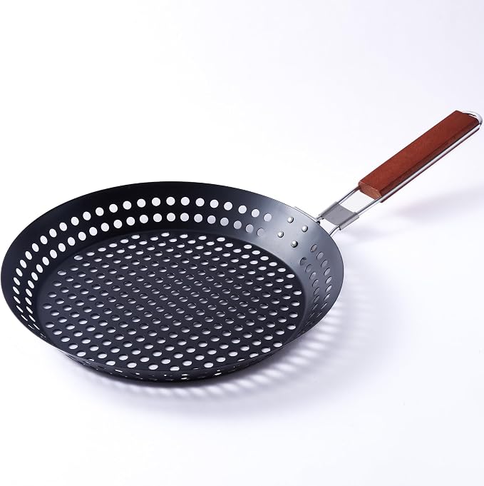 12 in Kozmatik Turkish Grill Pan, Nonstick Carbon Steel Basket | Handled Vegetable Charring Pan, For Stovetop And Grill Cooking, Black Round Basket Design