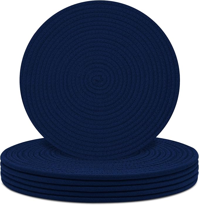Round Placemats Set of 6, Cotton Rope Woven Table Mats, Hot Pads for Kitchen, Non Slip Heat Resistant Place Mats, 13 Inches Braided Placemat for Farmhouse Decor and Kitchen Table Decor (Navy Blue)