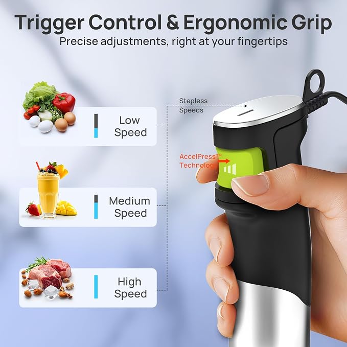 Consciot 10-in-1 Immersion Hand Blender Max 1100W, Trigger Speed Control | Entire Stainless Steel Blender Shaft, 800ml Beaker, 600ml Chopper, Beaters, Frothers, Hooks, Masher, Whisk & 600ml Cup