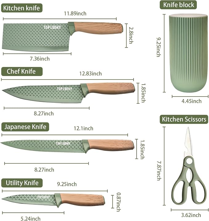 Kitchen Knife Set, Retrosohoo 6-Pieces Green Sharp Knife Set for Kitchen, Non-stick Non-slip Stainless Steel Chef Knife Set with Universal Knife Block Suitable for Home Restaurant (Green)