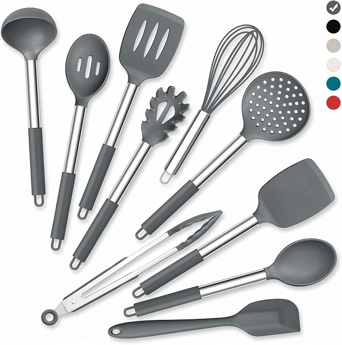 Onader 10 Pieces Silicone Kitchen Utensils Set, Cooking Utensils with Holder and Heat Resistant Stainless Steel Handle for Nonstick Cookware -Gray