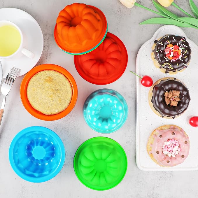 Webake 4 Inch Silicone Mini Fluted Cake Molds 8 Pack Fluted Tube Cake Pan, Non-stick Baking Cups Reusable Muffin Donut Pan