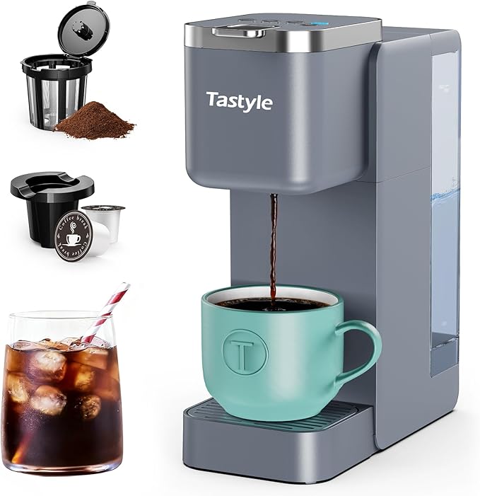 Tastyle Single Serve Coffee Maker for K Cups and Grounds with 3 Brew Styles | 40oz Removable Water Tank, 6 to 24oz Brew Size, Compact Design, Fits 7.3" Travel Mug, for Home, RVs and Office, K330IC, Gray