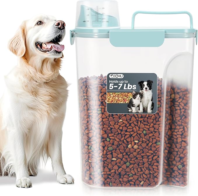Dog Cat Food Storage Container with Cup (Light Blue, 5L) | Pet Food Pourable Container Airtight with Large Spout, BPA-Free Plastic Food Dispenser for Pet Food, Bird Seed, Rice, Flour
