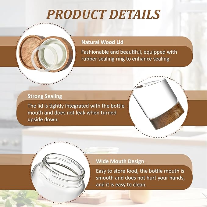 3 Pack 40 fl oz/1200 ml Clear Glass Storage Canister with Airtight Wooden Screw On Lid, Large Tall Decorative Glass Container Jar Set for Coffee, Nut, Tea, Candy, Cookie, Cereal, Sugar, Flour