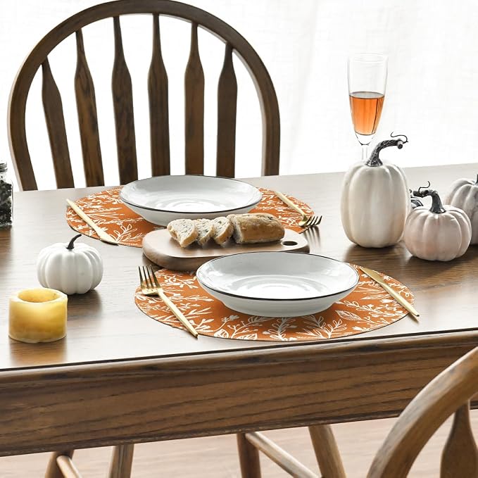 Artoid Mode Eucalyptus Leaves Round Fall Placemats Set of 4-14 Inch | Heat-Resistant, Washable Table Mats, Seasonal Autumn Kitchen Dining Decor