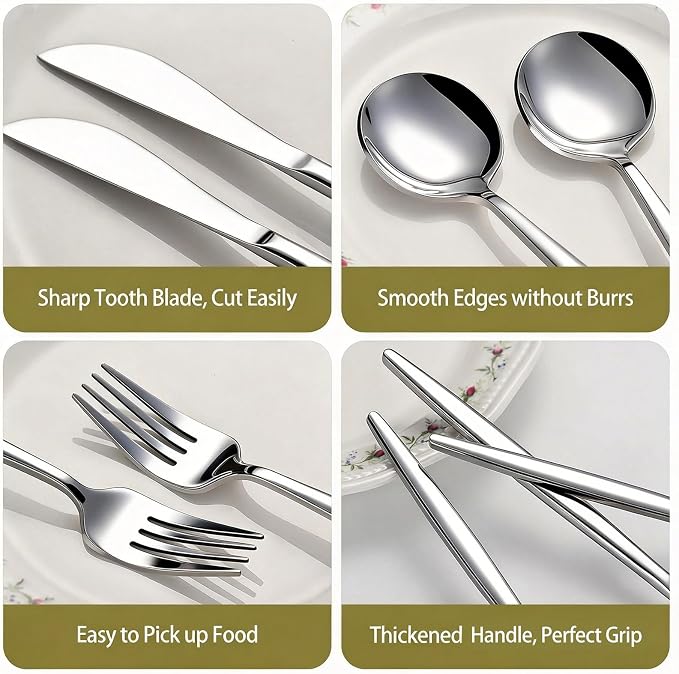 60-Piece Silverware Set for 20, Food Grade Stainless Steel Flatware Set with Thickened Forks Spoons Knives, Mirror Polished Cutlery for Home, Parties, Restaurant, Dishwasher Safe