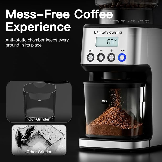 URintells Cuising Burr Coffee Grinder, 51 Grind Setting and Low-Speed Motor | 51-53mm & 58mm Portafilters Holder, Anti-Static Ground Bin, 0.1s Precision Dosing, Hands-Free Grinding, 12.3oz Bean Hopper