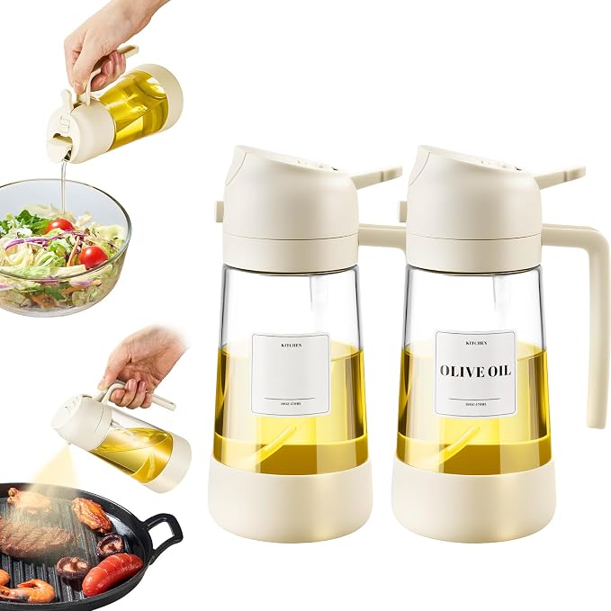 PARACITY Oil Sprayer for Cooking, 2 in 1 Oil Dispenser Bottle, 2-Pack White | Each 16 oz glass bottle has a wide mouth and silicone bottom for spraying or pouring oil during cooking, BBQs and salads