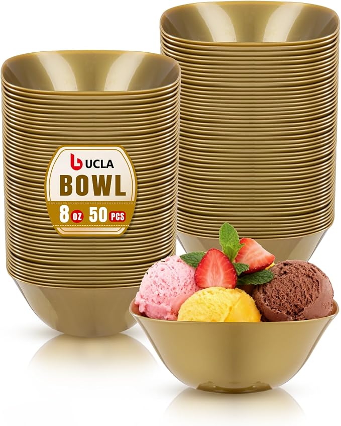 bUCLA 50Pack Gold Plastic Small Bowls - 8oz Disposable Ice Cream/Salsa/Dipping/Dessert/Sauce/Small Serving Bowls for Party