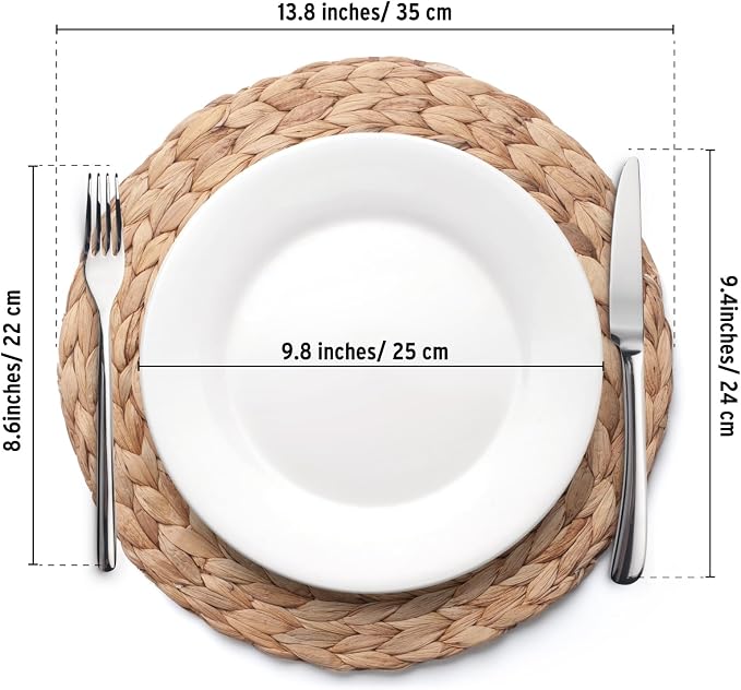 6 Pack, Round Woven Placemats, Natural Water Hyacinth Wicker Place mats, Braided Straw Table Mats, Charger Plates for Dining Table, Fall, Thanksgiving, Christmas (13.8 inch)