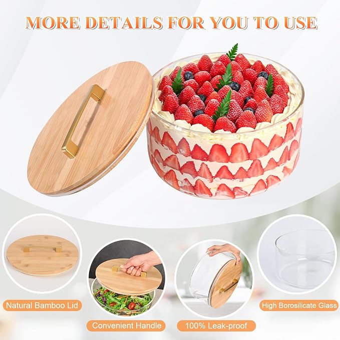 LOVYANXUE 197 oz Large Glass Salad Bowl, 10 inch Trifle Bowl with Airtight Lid, Versatile Mixing and Serving Bowl for Salad, Cake, Dessert, Baking and Party Diy, Oven, Microwave & Dishwasher Safe