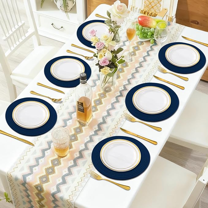 Round Placemats Set of 6, Cotton Rope Woven Table Mats, Hot Pads for Kitchen, Non Slip Heat Resistant Place Mats, 13 Inches Braided Placemat for Farmhouse Decor and Kitchen Table Decor (Navy Blue)