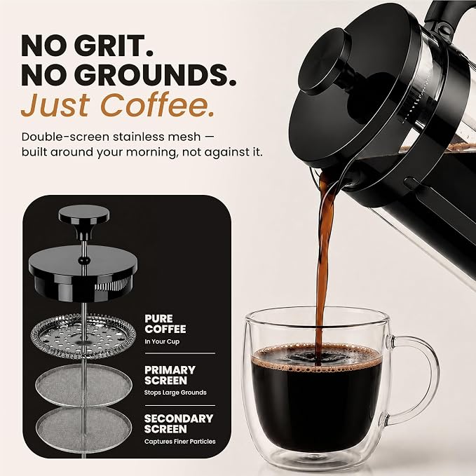 EzDtach French Press Coffee Maker 34oz Black – Borosilicate Glass Pot | 304 Grade Stainless Steel French Press, Double Filter and 2 Extra Screens for Rich, Full-Bodied Flavor at Home or Office