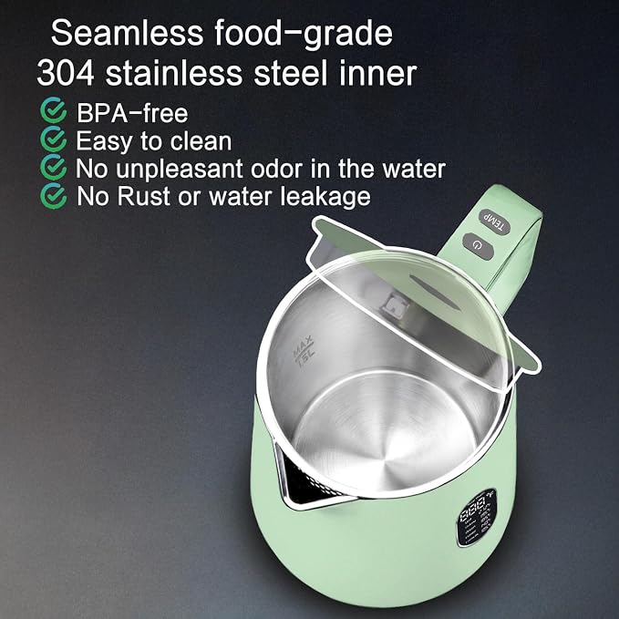 1.5L Electric Kettle Temperature Control, Green | Double Wall Cool Touch Teapot, Fast Boil, 5 Temperature Control, LED Display, Auto Shut-Off & Keep Warm