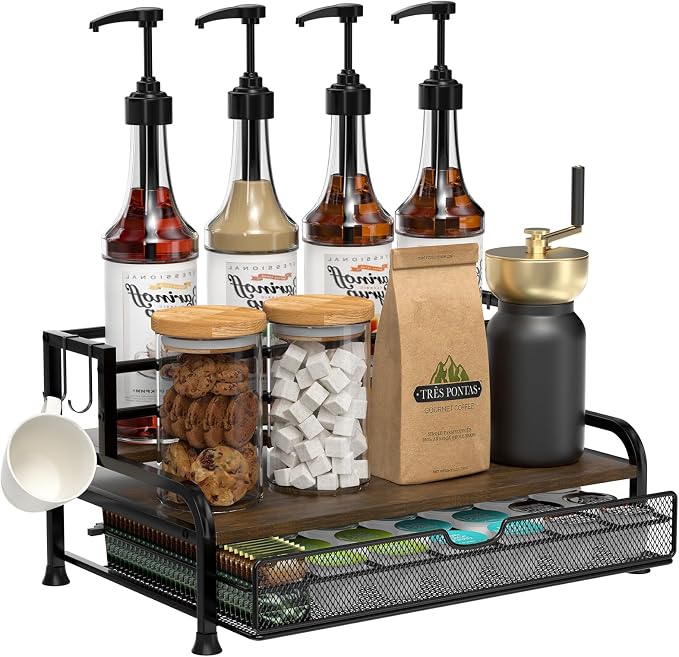 Coffee Syrup Rack Organizer, with Anti-Fall K-Cup Pod Holder Drawer | Black Metal Rack for 8 Syrup Bottles, Countertop Bottle Holder Stand for Wine, Space-Saving Design for Kitchen Cafe Station