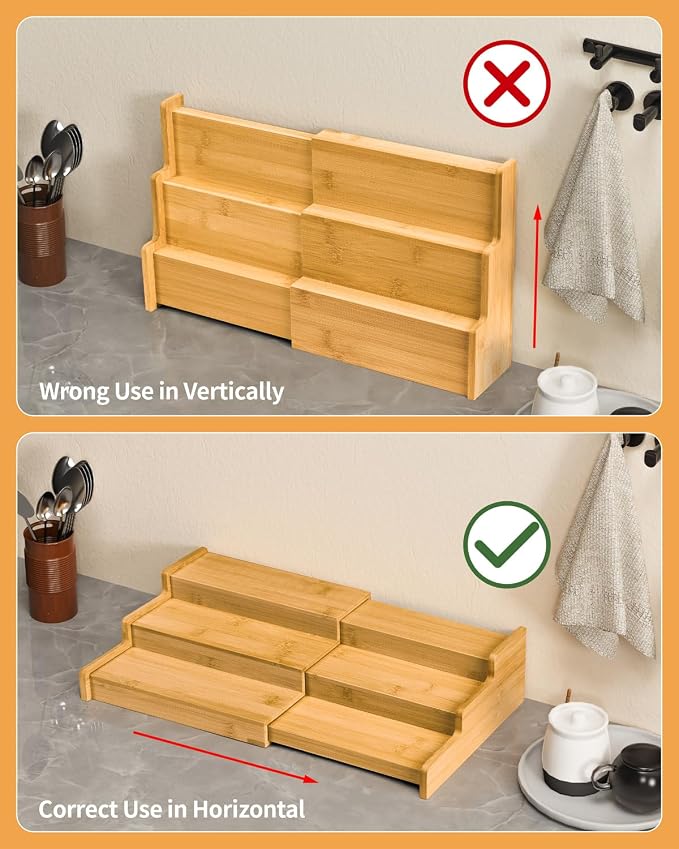 Spice Rack 3-Tier Natural Bamboo, Adjustable Cabinet Organizer Shelf | Expands 8.7-15.6"cabinets. Stepped design, labels visible.Storage organizer saves space, easy wipe. For spices, jars,cans.