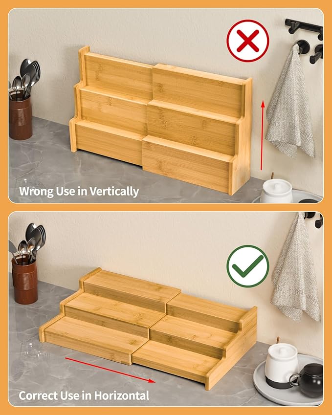 Spice Rack 3-Tier Natural Bamboo, Adjustable Cabinet Organizer Shelf | Expands 8.7-15.6"cabinets. Stepped design, labels visible.Storage organizer saves space, easy wipe. For spices, jars,cans.