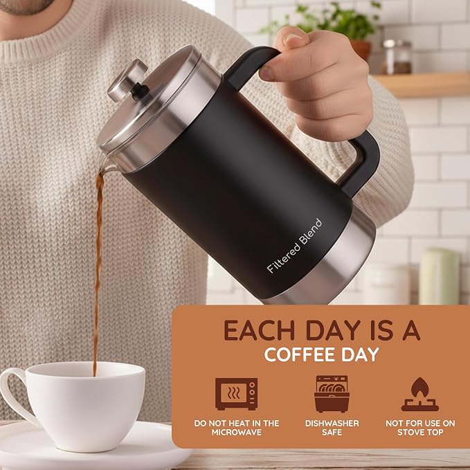 54 oz French Press Coffee Maker, Stainless Steel, Double Filter, Black | 54 oz Capacity, French Press Coffee Maker, Stainless Steel, Double Mesh Filter, Hot & Cold Brewer, Travel Friendly, Black