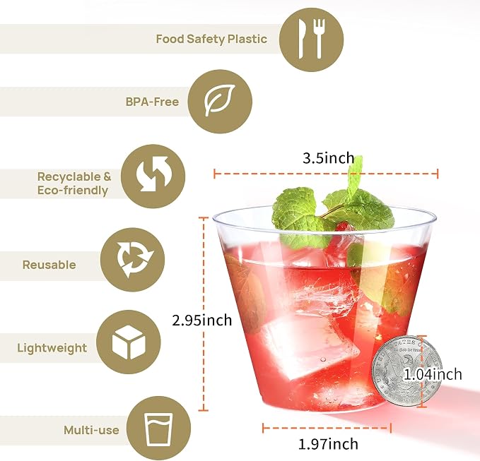 Byvivace 100Counts 9 OZ. Clear Plastic Cups Old fashioned Party Cups, Sturdy Plastic Wine Glasses Disposable Cups for Wedding Party