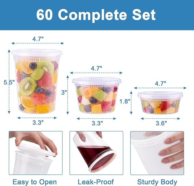60 Sets Deli Containers With Lids, 8/16/32 oz Quart Containers | BPA Free, Airtight Plastic Food Storage Container, Stackable Leakproof Microwave & Freezer Safe for Soup, Sauce & Leftover