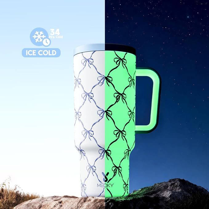 Meoky Glow in the Dark Tumbler: 40 oz Tumbler with Handle and Straw- Stainless Steel Insulated Tumbler for Car Cup Holders - Travelers Commuters Workers (1 Pack, Blue Bow)
