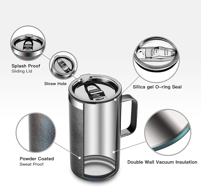 KXIAOCHEN 20 oz Insulated Coffee Mug, Coffee Cup with Lid and Wide Handle | 18/8 stainless steel, 6+ hours hot or 12+ hours cold, wide mouth, no-sweat exterior, for office, work, home and camping