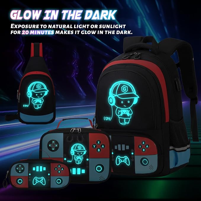 Backpack for School Boys, Cool Luminous Gamer Boys Schoolbag | with Lunch Box & Pencil Case Set for Kids Teens Elementary Middle School, Bookbag Glow In The Dark