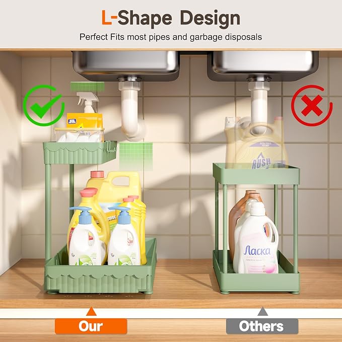 3-Pack 2-Tier L-Shaped Under Sink Organizers with Sliding Drawers | Multi-use kitchen & bathroom storage, 14.85 inch green cabinet organizer, space-saving sliding drawer design.