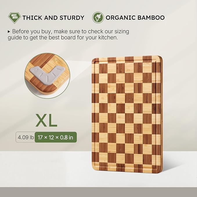 Bamboo Cutting Boards for Kitchen Wooden Checkered Cutting Board with Deep Juice Groove Non Toxic Charcuterie Board Cheese Serving Tray Non Slip End Grain Thick Large Wood Chopping Board 17”x 12”