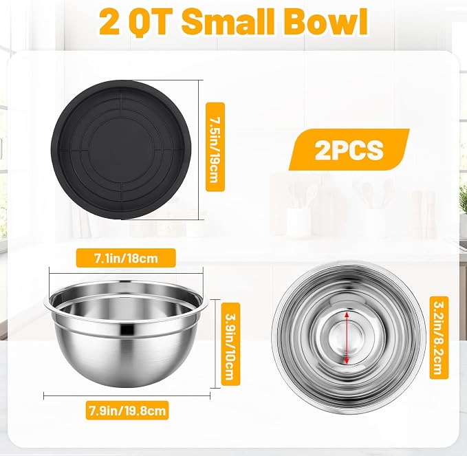 Beasea Mixing Bowls with Lids Set, 2 Pack 2 QT Stackable Stainless Steel Mixing Bowls with Lids, Kitchen Nesting Metal Bowl for Baking, Meal Prep, Salad, Food Storage