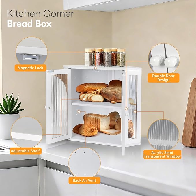 Corner Bread Box for Kitchen Countertop,Double Layer Bread Holder | 3 Adjustable Height, Large Capacity, Magnetic Acrylic Door, Bamboo Bread Storage Container for Homemade Bread, White