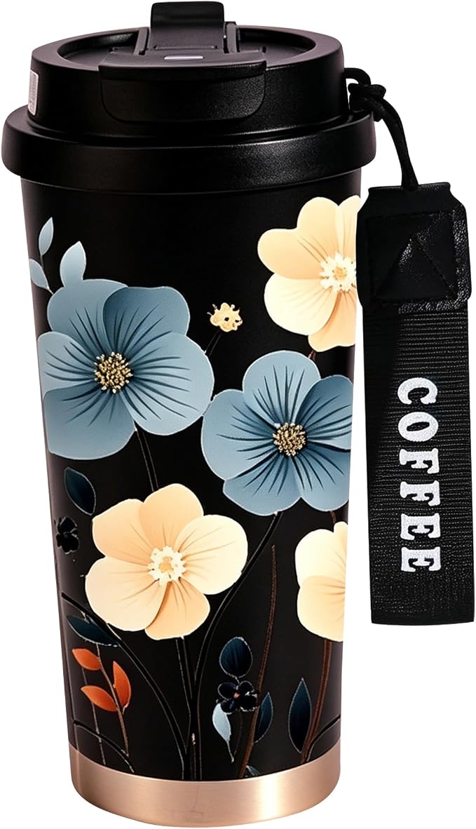 [2-IN-1 LID] Travel Mug,Coffe mug,Coffe cup,Ceramic coating Lined,316 Stainless Steel,BPA Free,Vacuum Insulated Tumbler for Water, Iced Tea or Coffee, Smoothie and More (Black-flower, 18 Ounces)
