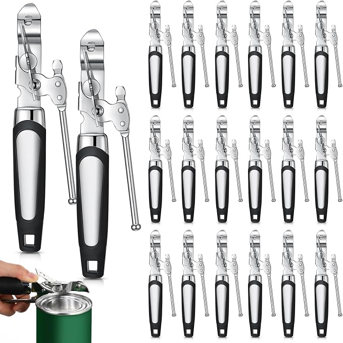 Gisafai 20 Pcs Can Opener Manual Bulk Smooth Edge with Sharp Blade and Soft Non Slip Grip Handle Heavy Duty Handheld Safety Can Opener for Kitchen Restaurant, Black and Silver
