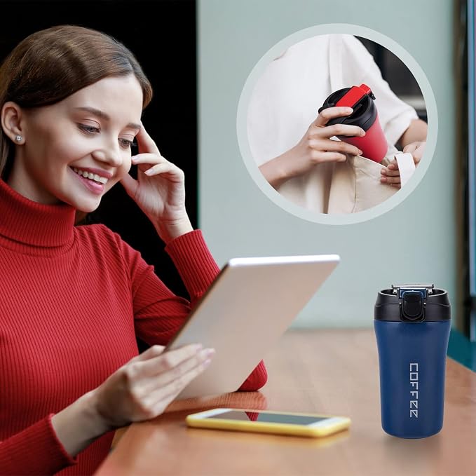 14 oz Travel Coffee Mug, 2 Pack Vacuum Insulated Coffee Travel Mug Spill Proof with Lid and Straw, Stainless Steel Reusable Coffee Tumbler for Hot and Cold Drinks, Gift for Men and Women(Red Blue) | Spill proof coffee travel mug with lid & straw for ho...