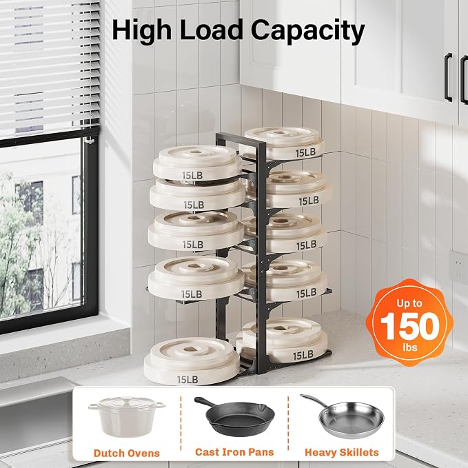 MUDEELA 10-Tier Pots and Pans Organizer under Cabinet, 23.62" H Heavy Duty | Adjustable Pot Rack for Frying Pan, Cast Iron Skillet, Tool-Free Assembly, For Kitchen Cabinets, Shelves and Countertops