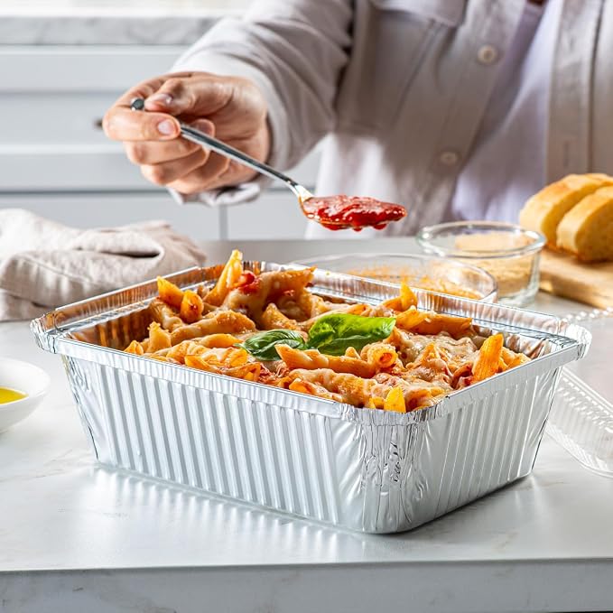 GUSTO 5 lb Disposable Aluminum Foil Takeout Pans with Clear Dome Lids, 6" x 9" Takeout Pans – [25 Count] Ideal for Baking, Cooking, Food Storage & Freezing (Formerly Comfy Package)
