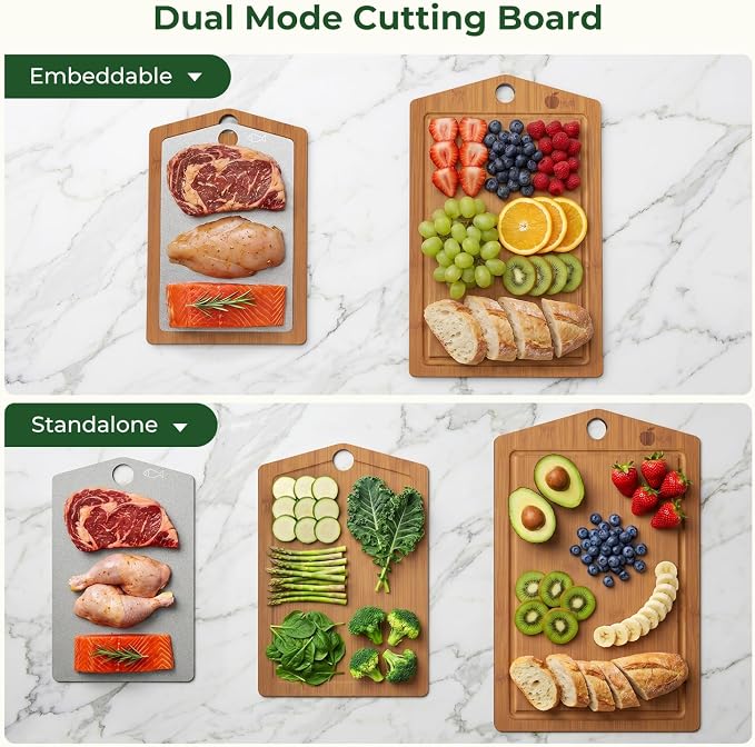 Titanium Cutting Board,Carbonized Bamboo Cutting Boards Set for Kitchen | 3pcs Chopping Boards for Kitchen, Large Metal Wood Cutting Board, Non Slip, Juice Grooves, Knife-Friendly, Dishwasher Safe