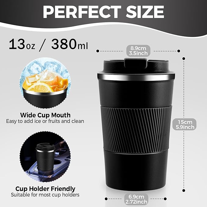 Volhoply 13 oz Stainless Steel Insulated Travel Coffee Mug with Fip Lid Bulk 4 Pack,Reusable Double Wall Vacuum Metal Coffee Cup,Portable Leak Proof Thermal Tumbler for Hot & Cold Drinks(Assorted,4)