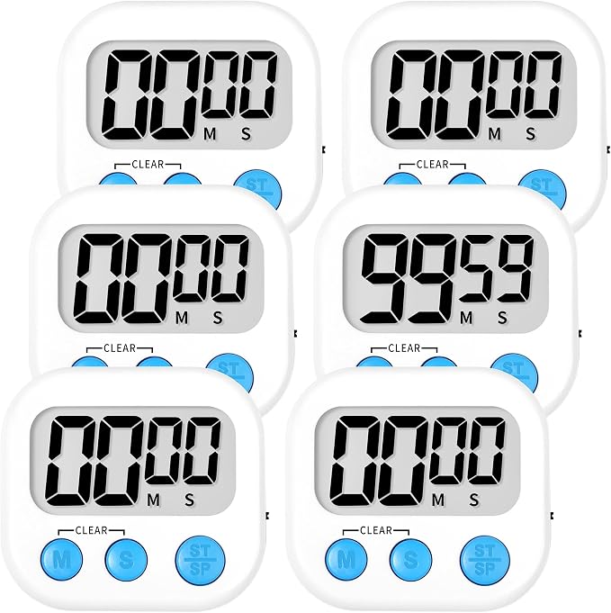 ZILLEEN Digital Kitchen Timers for Cooking Kids White 6 Pack | Strong Magnetic, Large Screen, Big Button, Timers for Kids Classroom Cooking Egg Teacher Exercise Study